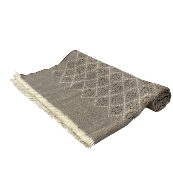 Auth GUCCI - Light gray Dark Brown Wool Silk Scarf - Picture 1 of 8